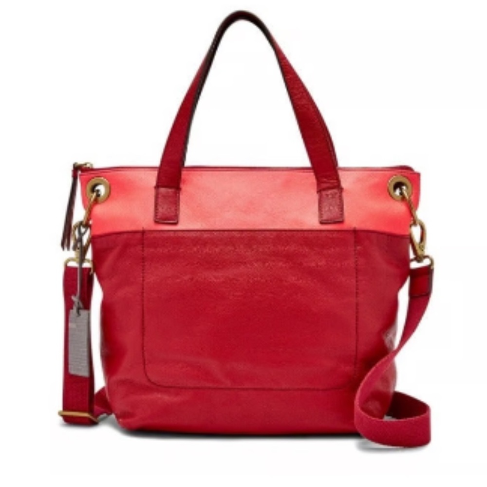 Fossil Keely Leather Color Block Red PinkTote Shoulder Bag